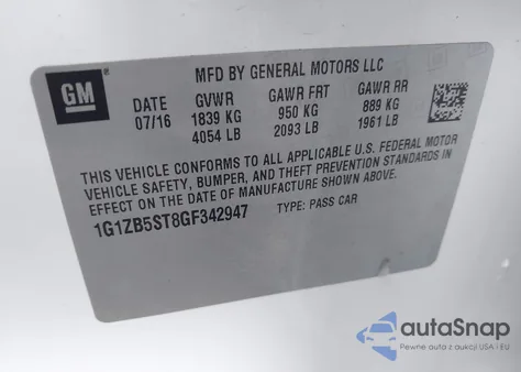 2016 Chevrolet Malibu Ls z USA, uszkodzony, nr VIN 1G1ZB5ST8GF342947